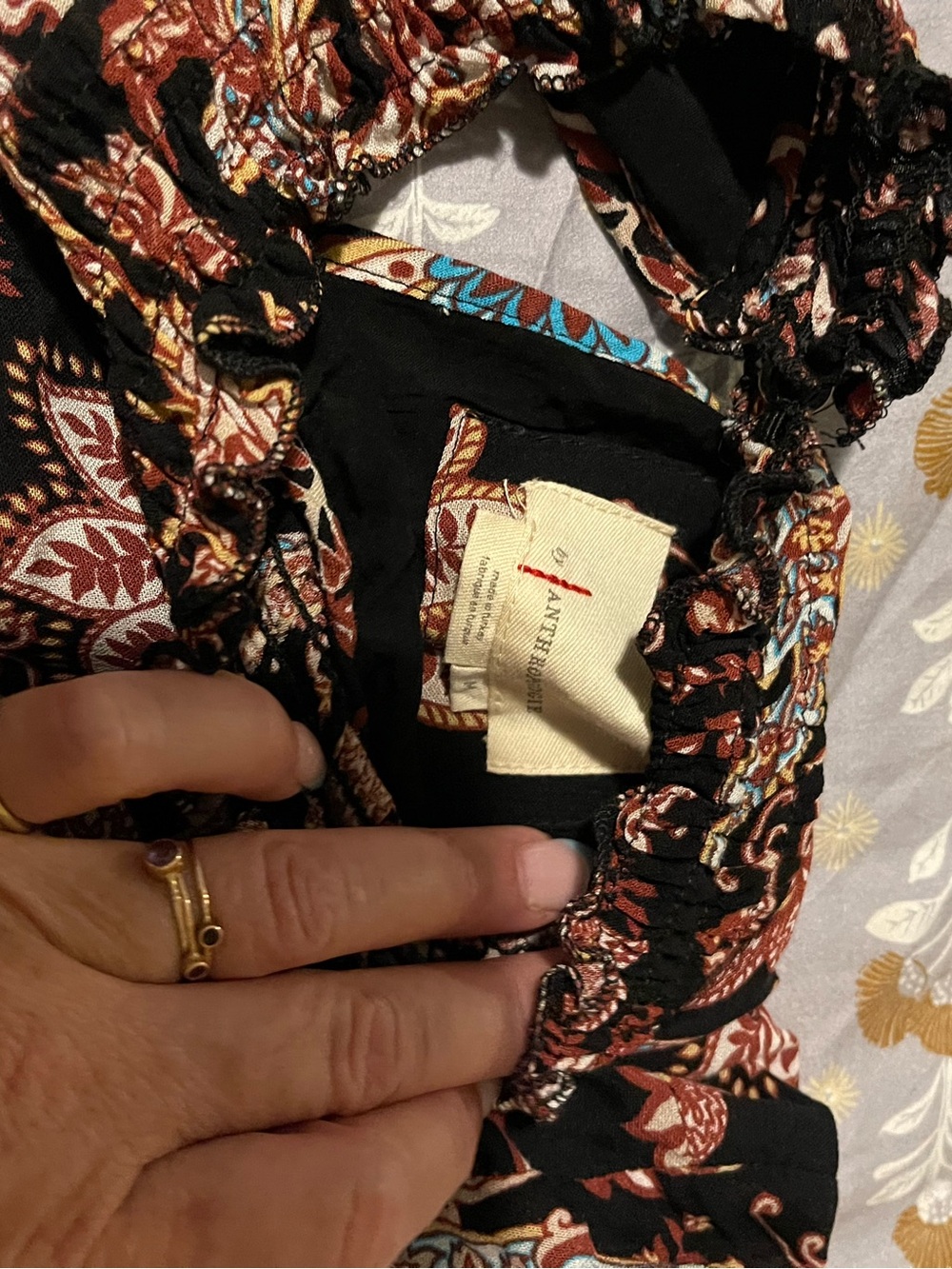 Anthropologie Black with Rust and Teal Floral Print Dress
